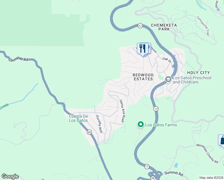 map of restaurants, bars, coffee shops, grocery stores, and more near 18165 Santa Ana Road in Los Gatos