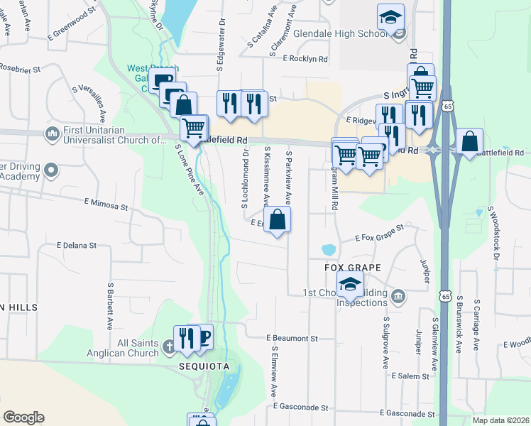 map of restaurants, bars, coffee shops, grocery stores, and more near 3000 East Lolo Trail in Springfield