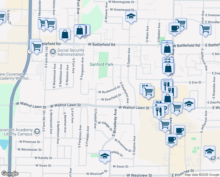 map of restaurants, bars, coffee shops, grocery stores, and more near 751 West Rockwood Street in Springfield