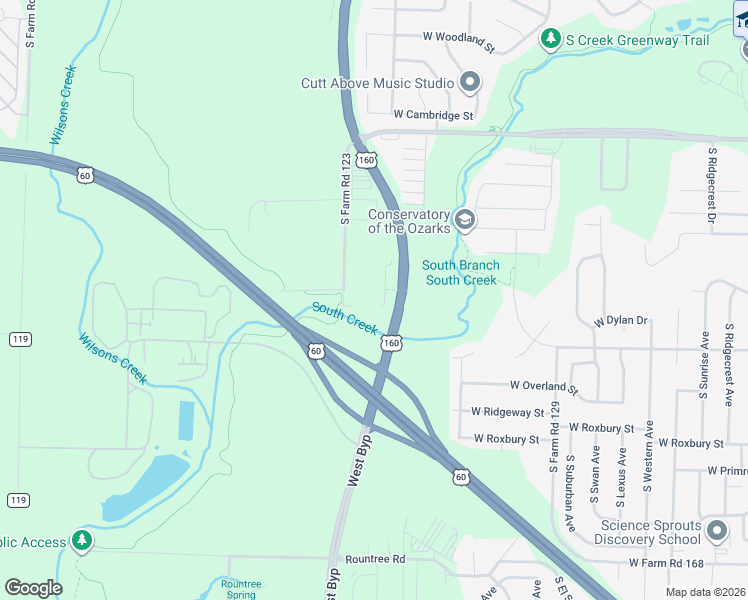 map of restaurants, bars, coffee shops, grocery stores, and more near 3350 Farm Road 123 in Springfield