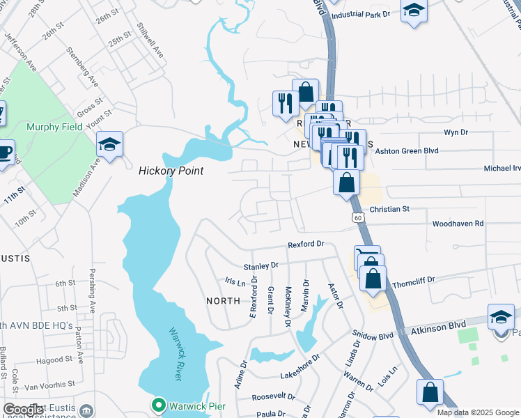 map of restaurants, bars, coffee shops, grocery stores, and more near 131 Long Bridge Way in Newport News