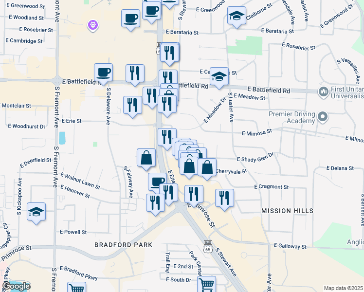 map of restaurants, bars, coffee shops, grocery stores, and more near 1902 East Ridgewood Street in Springfield