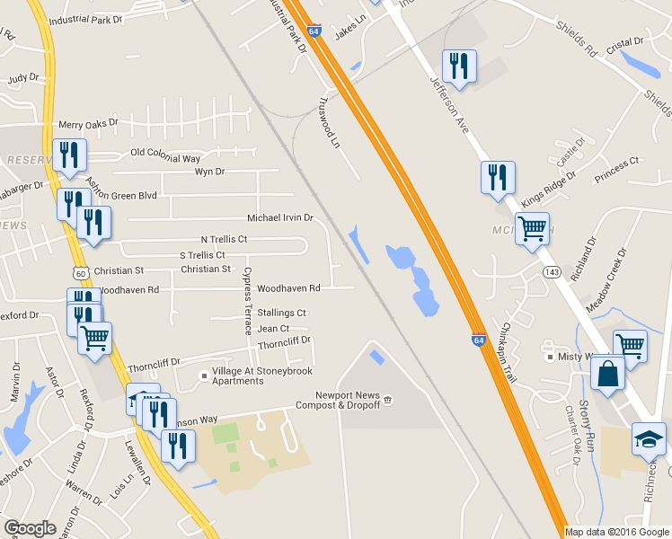 map of restaurants, bars, coffee shops, grocery stores, and more near 559 Michael Irvin Dr in Newport News
