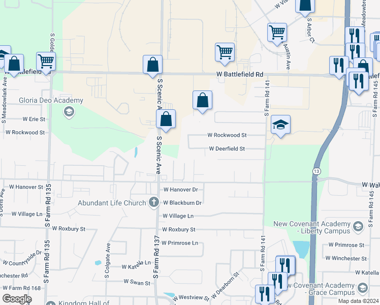 map of restaurants, bars, coffee shops, grocery stores, and more near 2464 West Deerfield Street in Springfield
