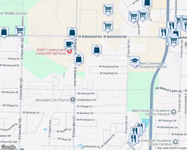 map of restaurants, bars, coffee shops, grocery stores, and more near 2448 West Deerfield Street in Springfield