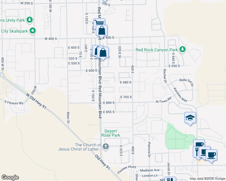 map of restaurants, bars, coffee shops, grocery stores, and more near 200 East 740 South in Ivins