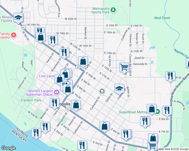 map of restaurants, bars, coffee shops, grocery stores, and more near 1000-1098 Metropolis St in Metropolis