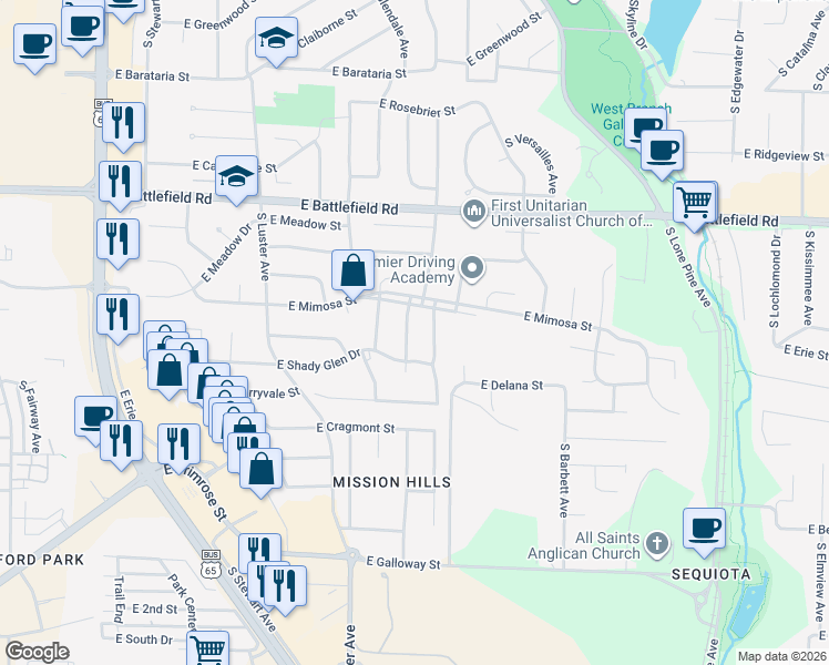 map of restaurants, bars, coffee shops, grocery stores, and more near 3206 South Bellhurst Avenue in Springfield