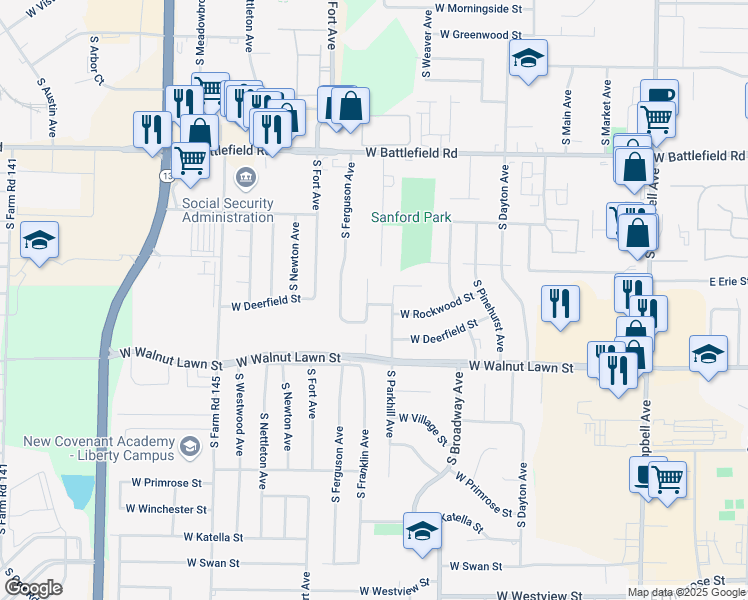 map of restaurants, bars, coffee shops, grocery stores, and more near 3230 South Franklin Avenue in Springfield