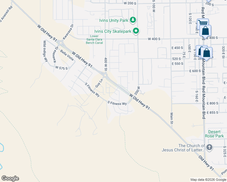 map of restaurants, bars, coffee shops, grocery stores, and more near 221-399 West Old Highway 91 in Ivins