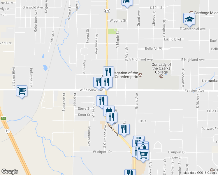 map of restaurants, bars, coffee shops, grocery stores, and more near 1946 South Garrison Avenue in Carthage