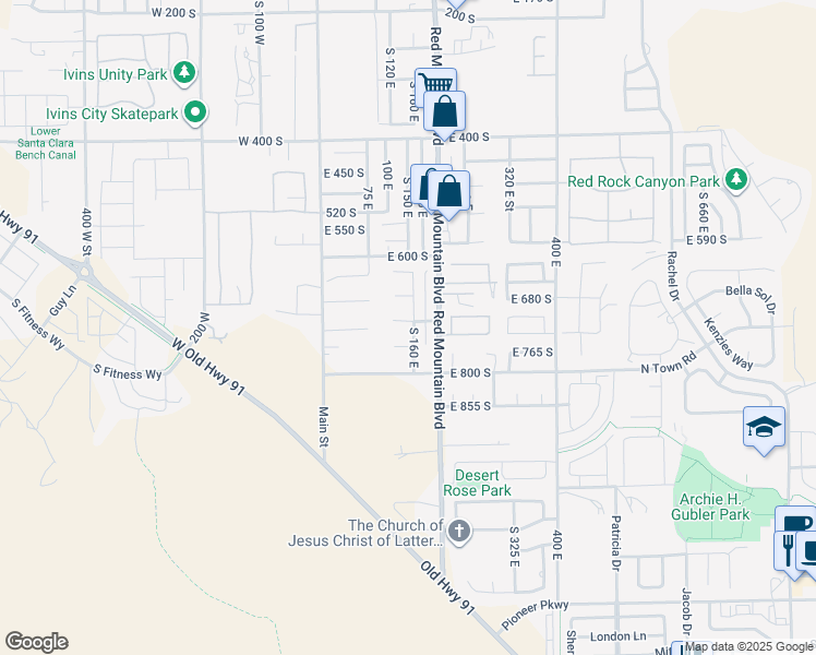 map of restaurants, bars, coffee shops, grocery stores, and more near 726 160 East in Ivins