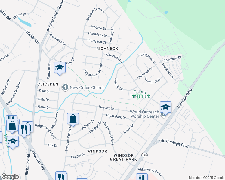 map of restaurants, bars, coffee shops, grocery stores, and more near 887 Cobham Hall Cir in Newport News