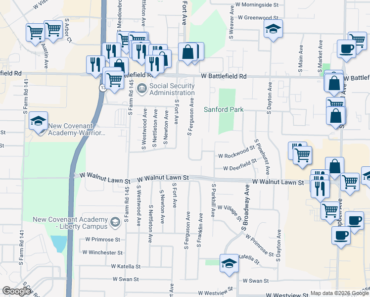 map of restaurants, bars, coffee shops, grocery stores, and more near 3237 South Ferguson Avenue in Springfield