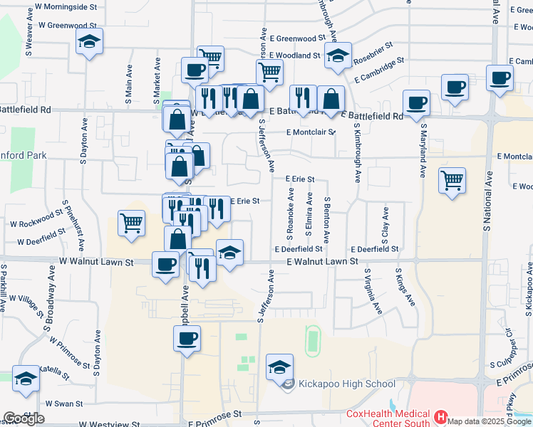 map of restaurants, bars, coffee shops, grocery stores, and more near 3247 South Jefferson Avenue in Springfield