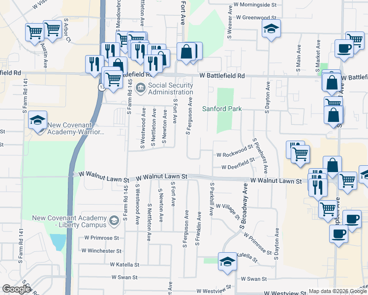 map of restaurants, bars, coffee shops, grocery stores, and more near 3237 South Ferguson Avenue in Springfield