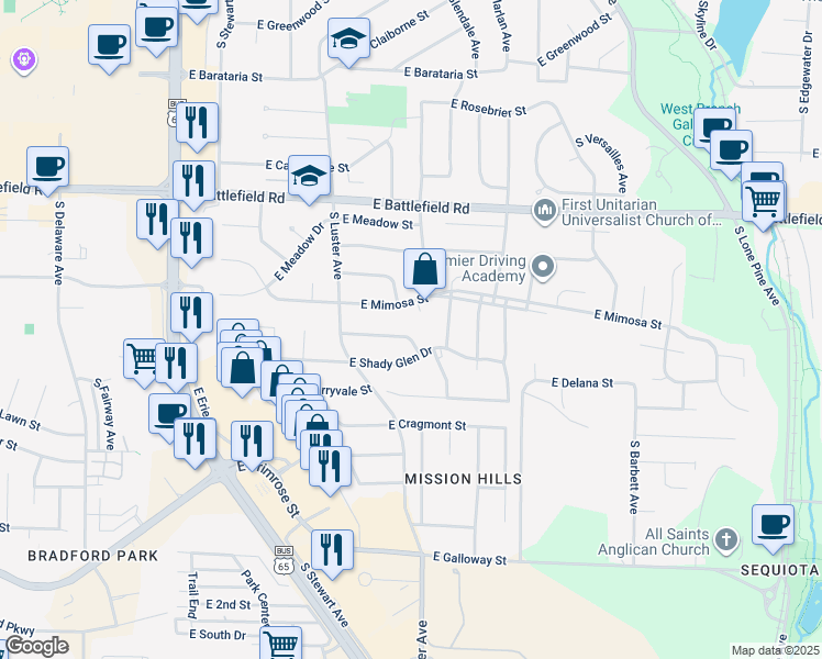 map of restaurants, bars, coffee shops, grocery stores, and more near 2201 East Ridgewood Drive in Springfield