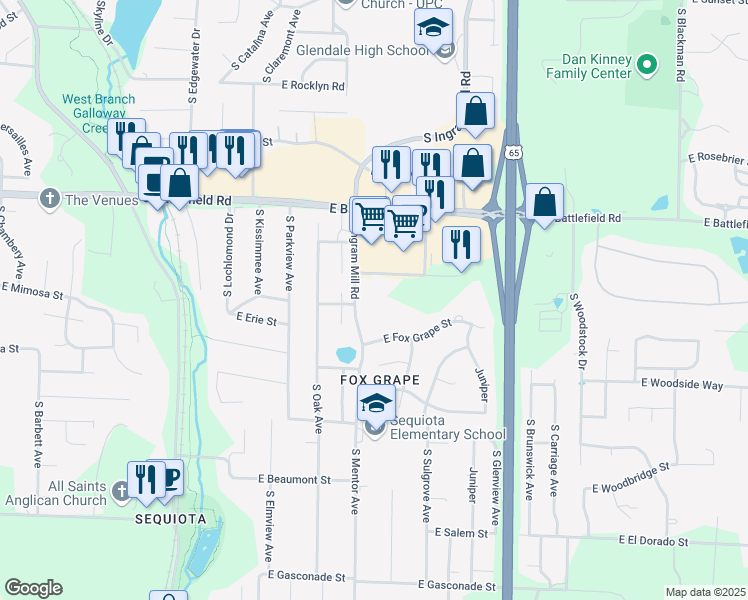 map of restaurants, bars, coffee shops, grocery stores, and more near 3232 East Montclair Street in Springfield