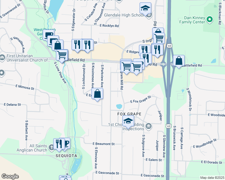 map of restaurants, bars, coffee shops, grocery stores, and more near 3150 South Oak Avenue in Springfield