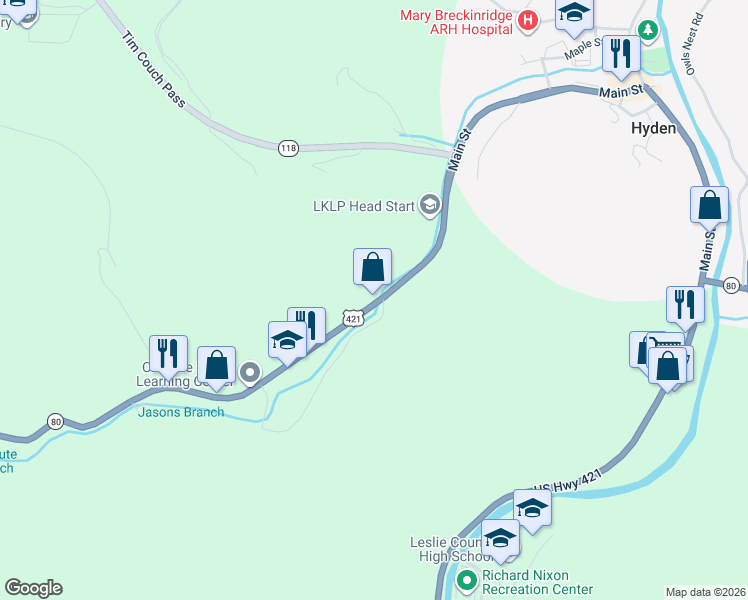 map of restaurants, bars, coffee shops, grocery stores, and more near 22954 U.S. 421 in Hyden