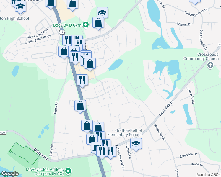 map of restaurants, bars, coffee shops, grocery stores, and more near 118 Solebay Street in Yorktown