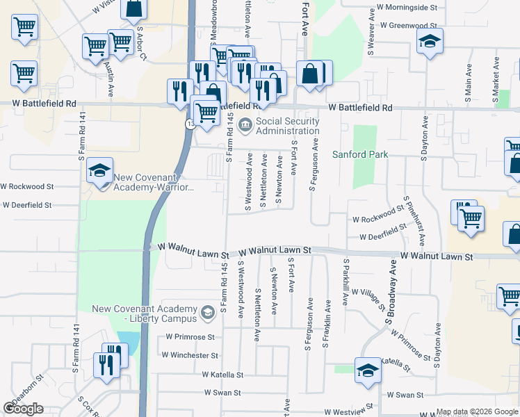 map of restaurants, bars, coffee shops, grocery stores, and more near 3253 West Deerfield Street in Springfield