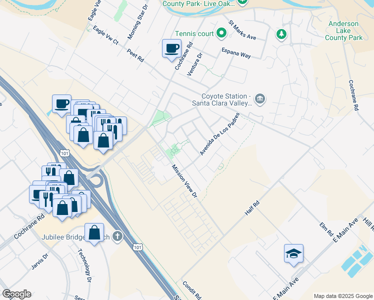 map of restaurants, bars, coffee shops, grocery stores, and more near 18342 Solano Court in Morgan Hill