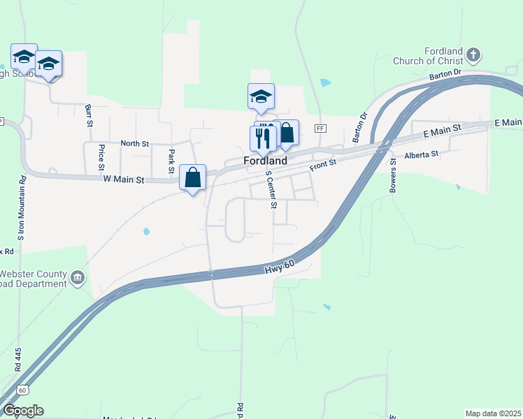 map of restaurants, bars, coffee shops, grocery stores, and more near 390 South Center Street in Fordland