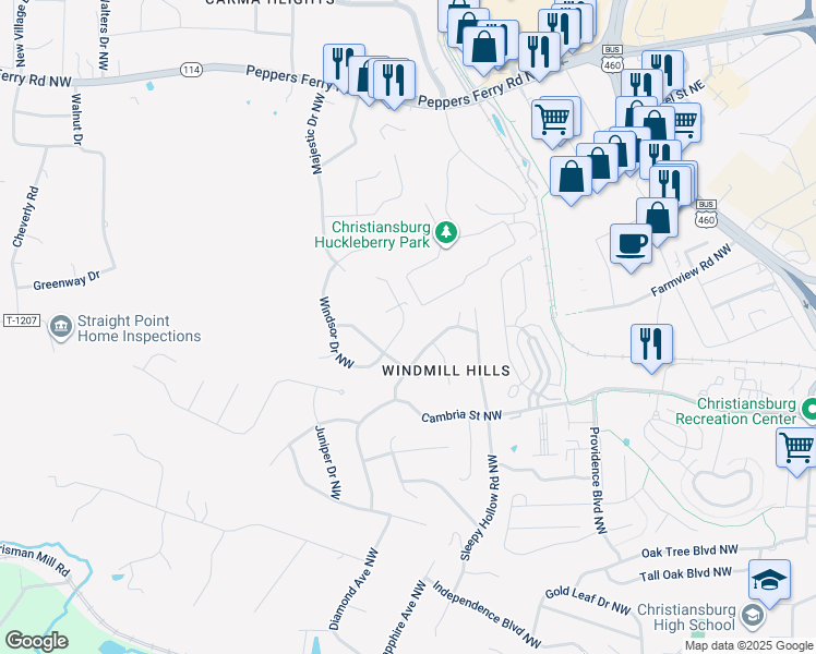 map of restaurants, bars, coffee shops, grocery stores, and more near 225 Windsor Drive Northwest in Christiansburg