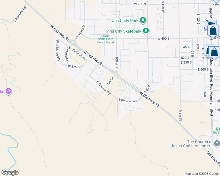 map of restaurants, bars, coffee shops, grocery stores, and more near 687 Guy Lane in Ivins