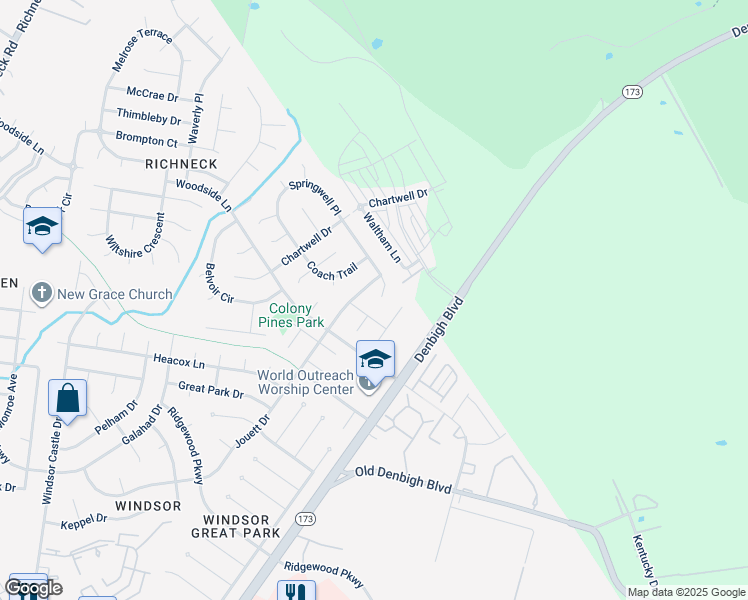 map of restaurants, bars, coffee shops, grocery stores, and more near 1203 Springwell Place in Newport News