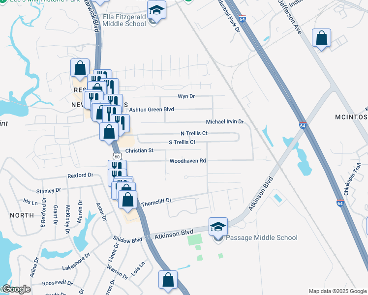 map of restaurants, bars, coffee shops, grocery stores, and more near 38 Christian Street in Newport News