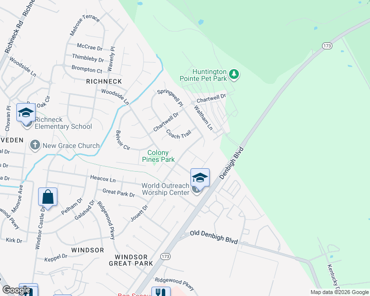 map of restaurants, bars, coffee shops, grocery stores, and more near 931 Jouett Drive in Newport News
