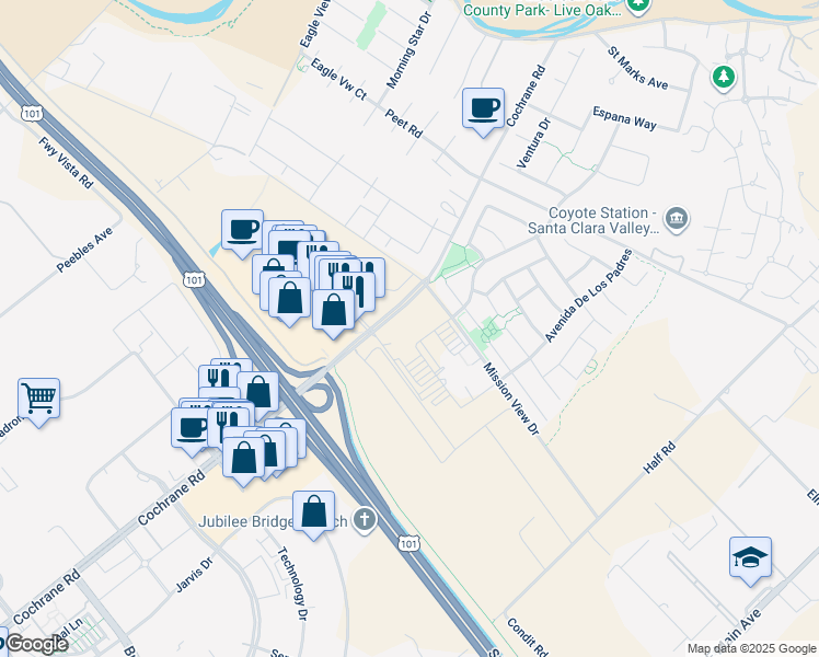 map of restaurants, bars, coffee shops, grocery stores, and more near 1160 Cochrane Road in Morgan Hill