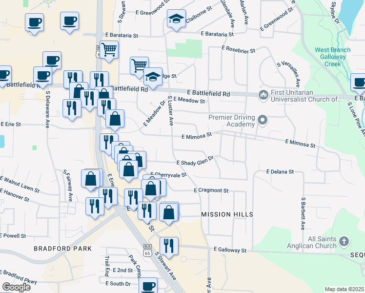 map of restaurants, bars, coffee shops, grocery stores, and more near 2127 East Ridgewood Drive in Springfield