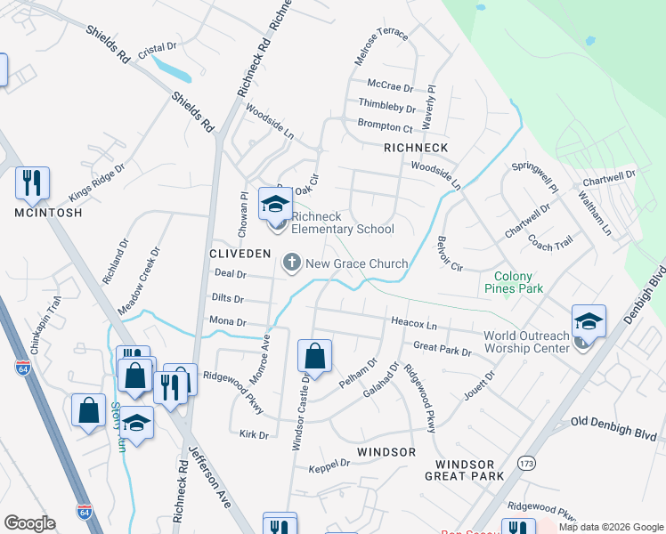 map of restaurants, bars, coffee shops, grocery stores, and more near 259 Windsor Castle Drive in Newport News