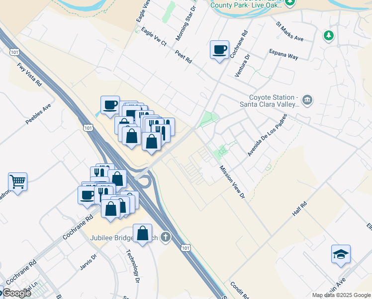map of restaurants, bars, coffee shops, grocery stores, and more near 1160 Cochrane Road in Morgan Hill