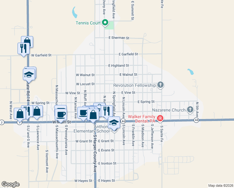 map of restaurants, bars, coffee shops, grocery stores, and more near 300-398 North Lincoln Avenue in Anthony