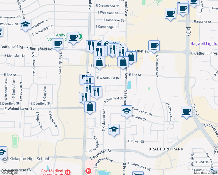 map of restaurants, bars, coffee shops, grocery stores, and more near 1314 East Rockwood Street in Springfield