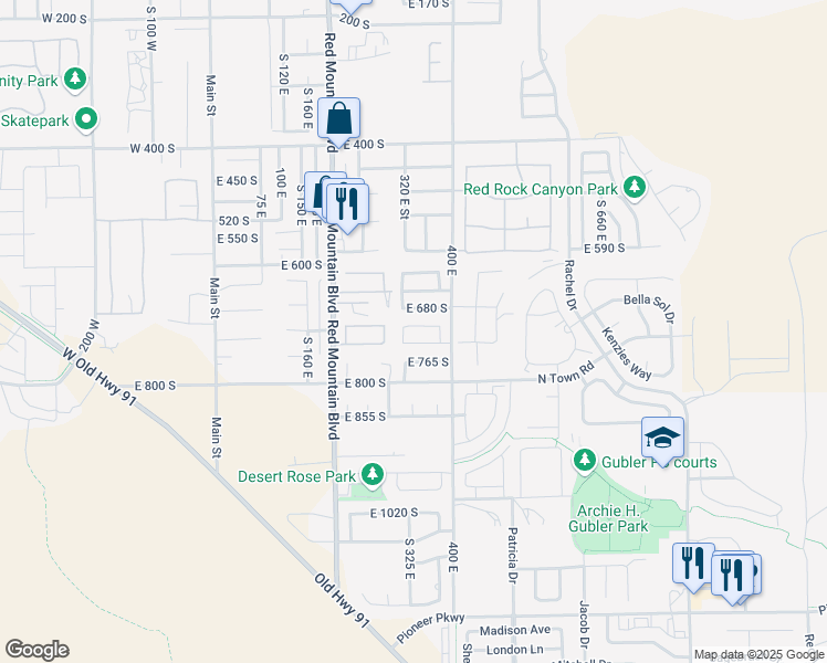 map of restaurants, bars, coffee shops, grocery stores, and more near 332 East 710 South in Ivins