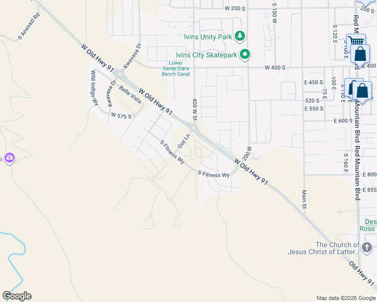map of restaurants, bars, coffee shops, grocery stores, and more near 1500 Splitrock Drive in Ivins
