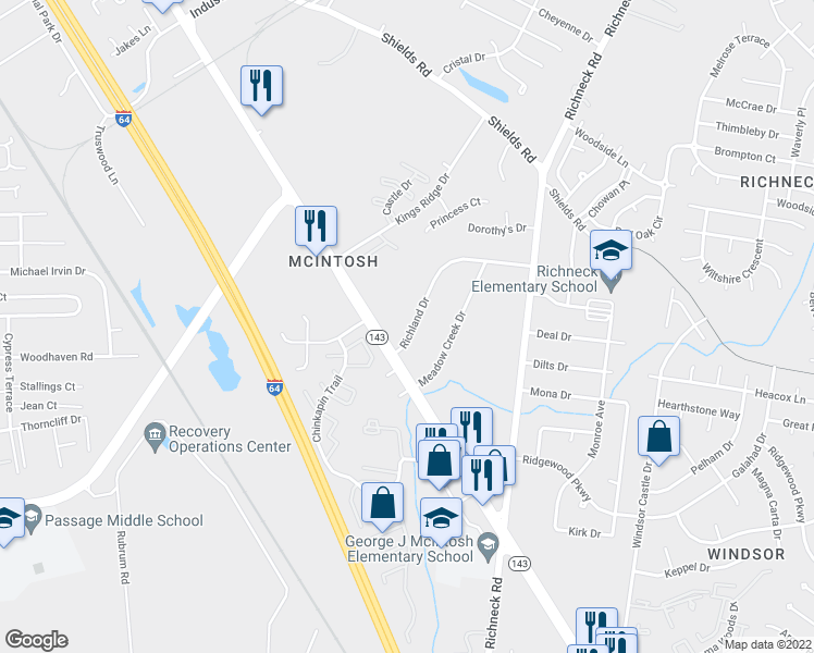 map of restaurants, bars, coffee shops, grocery stores, and more near 5 Richland Drive in Newport News