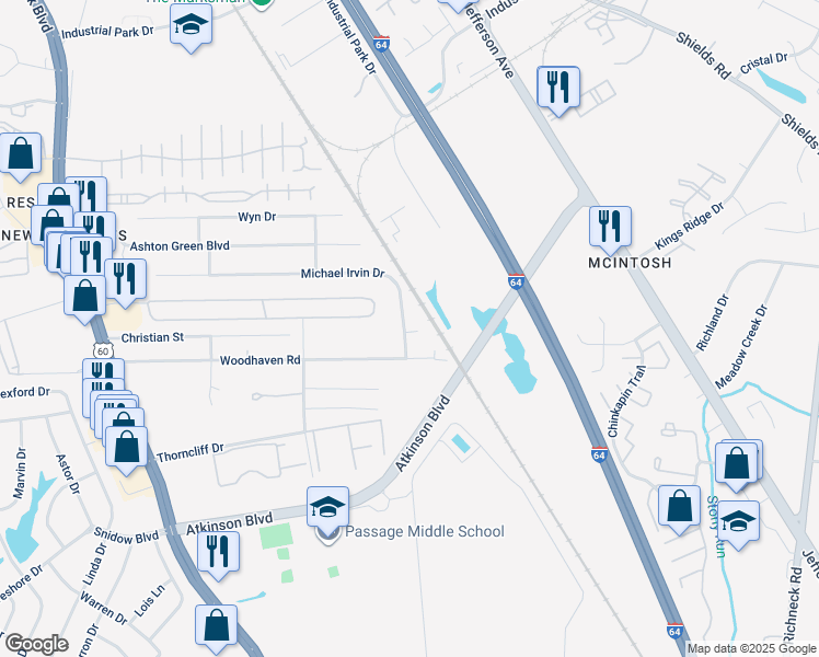 map of restaurants, bars, coffee shops, grocery stores, and more near 553 Michael Irvin Drive in Newport News