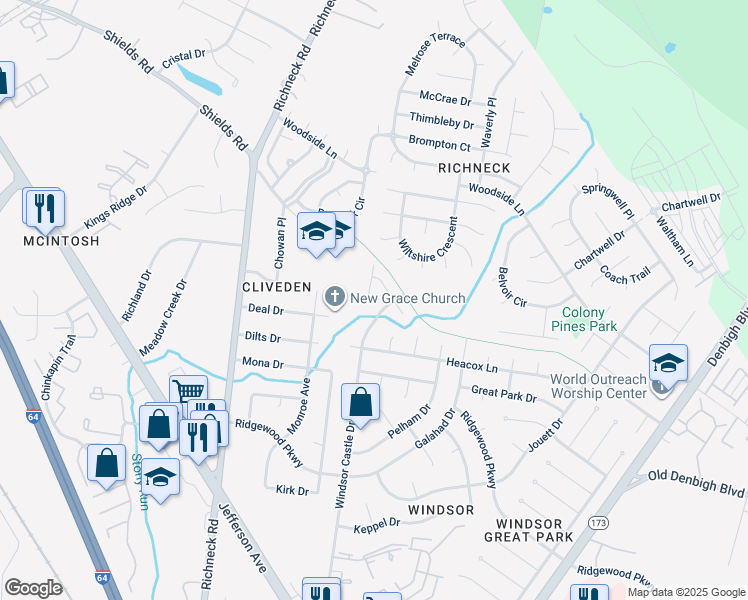 map of restaurants, bars, coffee shops, grocery stores, and more near 256 Castle Keep Court in Newport News