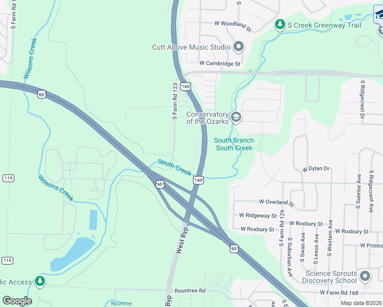 map of restaurants, bars, coffee shops, grocery stores, and more near 3350 Farm Road 123 in Springfield