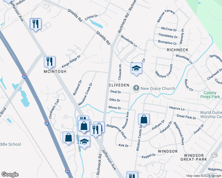 map of restaurants, bars, coffee shops, grocery stores, and more near 103 Deal Drive in Newport News