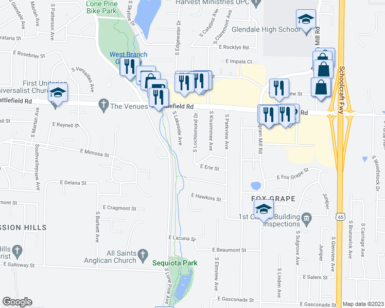 map of restaurants, bars, coffee shops, grocery stores, and more near 3151 South Lochlomond Drive in Springfield