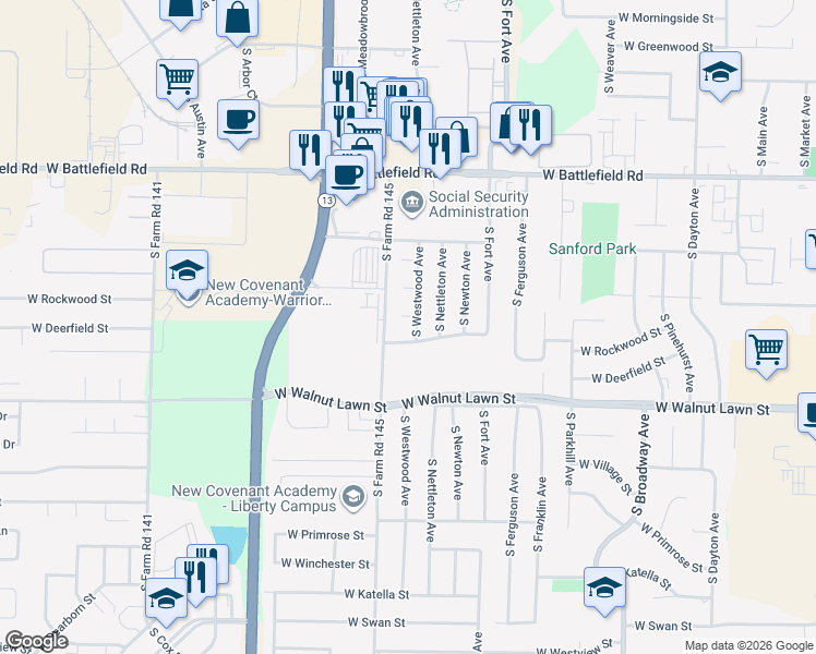 map of restaurants, bars, coffee shops, grocery stores, and more near in Springfield
