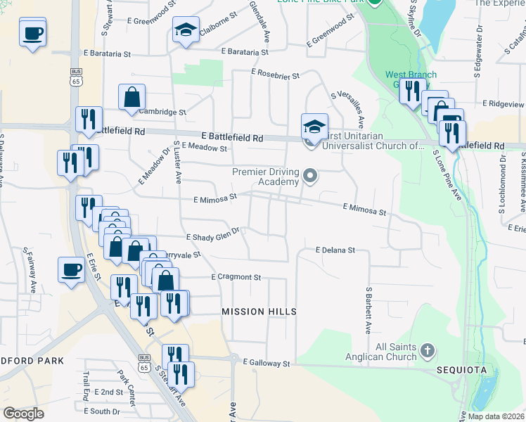 map of restaurants, bars, coffee shops, grocery stores, and more near 3206 South Bellhurst Avenue in Springfield