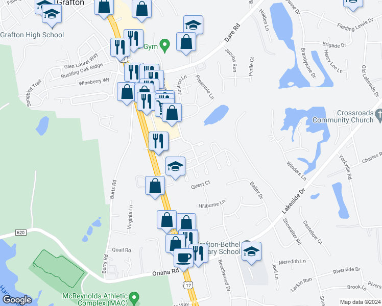 map of restaurants, bars, coffee shops, grocery stores, and more near 220 Choisy Crescent in Yorktown